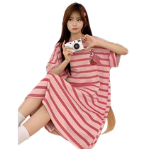 Striped Sleepwear Womens Summer Cute 2024 New Summer Thin Short Sleeves Big Code Sleeping Dress Pregnant Womans Home Dress