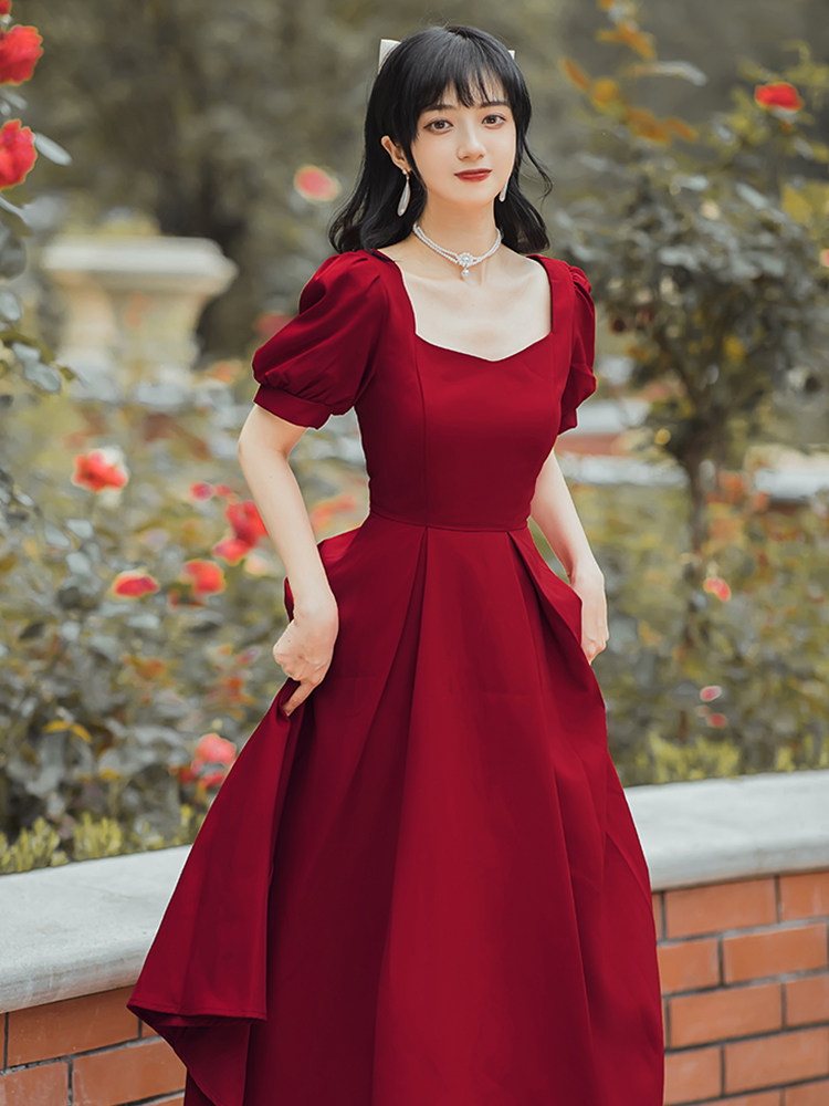 2021 - The new French - style retro - style red dress for the long dress dress dress