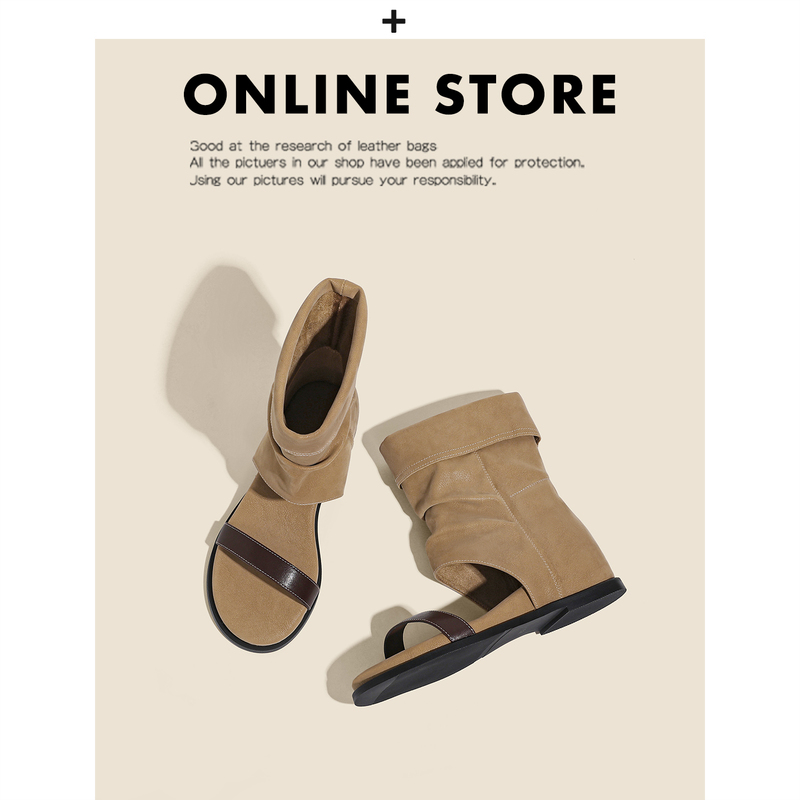 Genuine Leather~ Internal Height-Increasing Short-Tube Stacked Sandals for Women, 2026 New Summer Retro Boot-Style Fashion Open-Toe Sandals