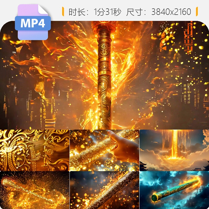 High-Definition Golden Cudgel Special Effects Black Myth Wukong Rotating Animation Flame Particles Monkey King Flying Video Footage