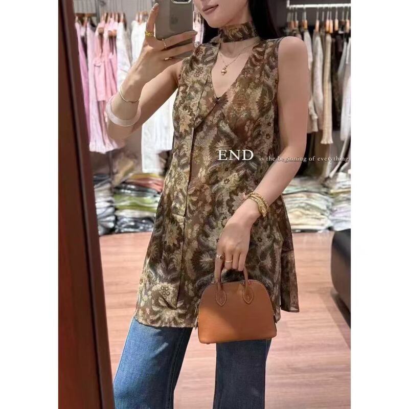 Tutu's Home's "Bohemian Style" Chic Retro Print V-Neck Ribbon Halter Mid-Length Vest 4.19