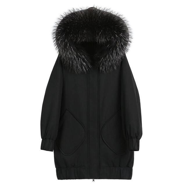 2021 winter new style black super large fur collar cotton jacket female Korean version loose thick pike bread mid-length hooded