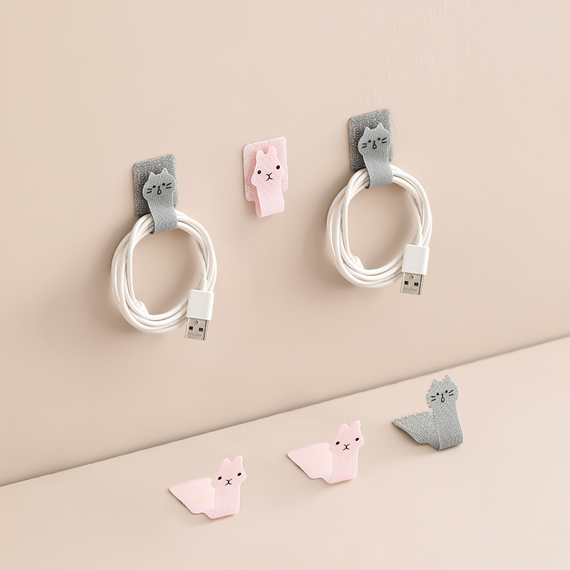 Data Cable Binding Tape with Cartoon Velcro Straps, Strong Adhesive Wire Plug Hooks, No-Punch Storage Solution