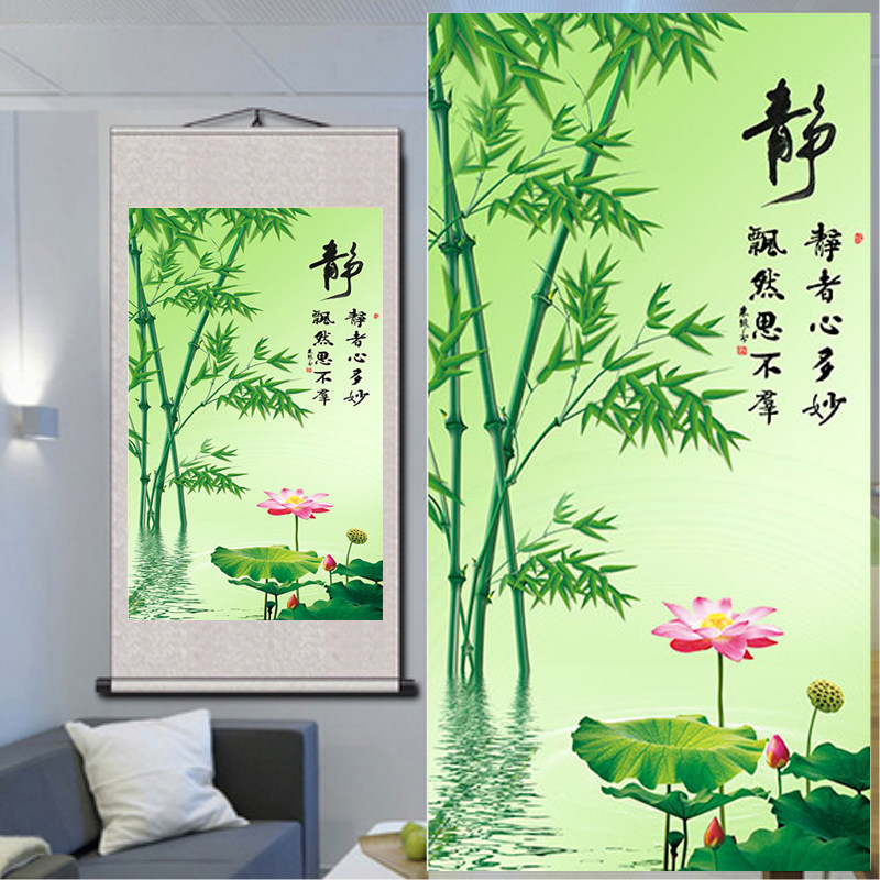 鄭板橋水墨竹子掛畫新中式風格酒店玄關裝飾畫可客製捲軸絹布畫