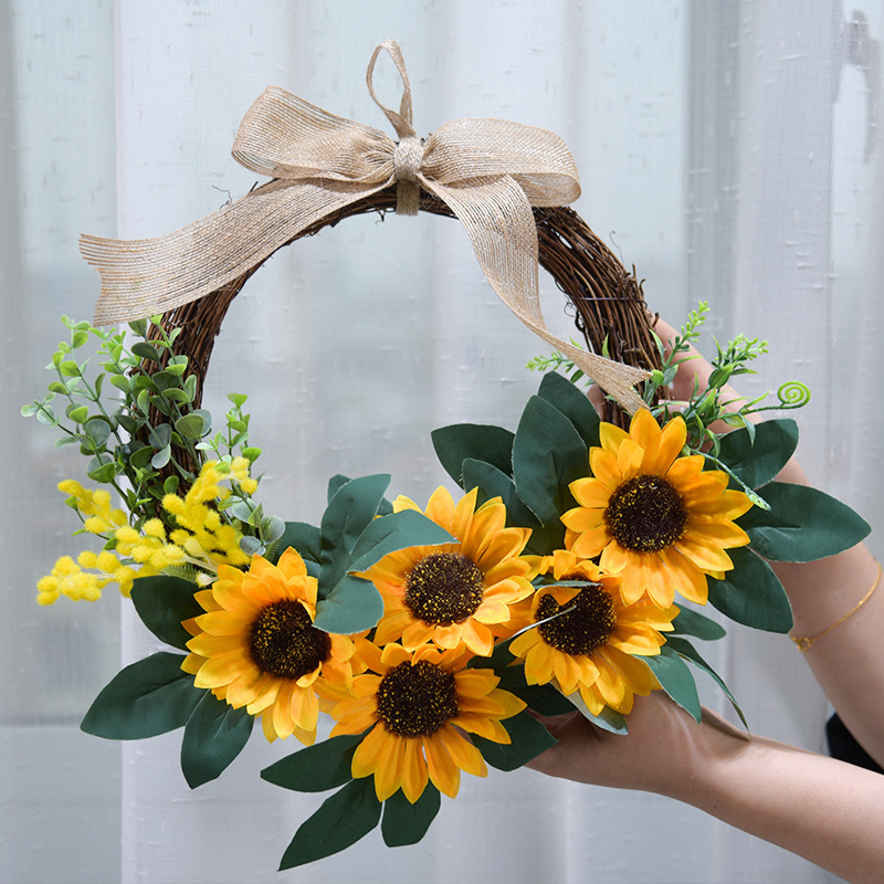 Sunflower Wreath Home Decoration Rattan Woven Artificial Wreath Wall Decoration Bedroom Hanging Ornament European and American Pastoral Style Accessories