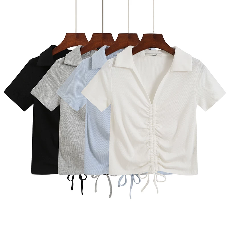 Летняя дизайнерская футболка, тонкая короткая поло, тренд сезона, drawstring