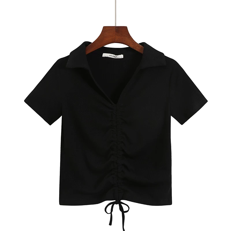Летняя дизайнерская футболка, тонкая короткая поло, тренд сезона, drawstring