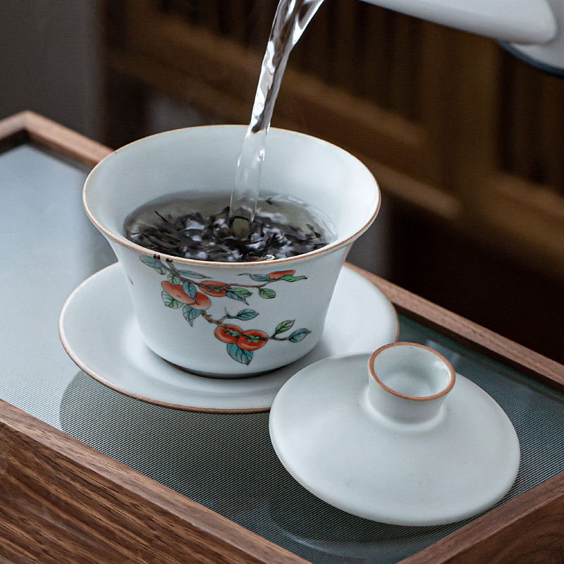 Ru kiln open piece cover bowl tea cup moon white Japanese style Ru porcelain Sancai tea bowl ceramic household kung fu tea set bubble tea bowl