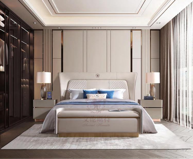 Elenst Furniture Willy-style Light Extravagant Layer Cow Leather Genuine Leather Bed Wedding Bed Solid Wood Bed Double Bed-Taobao