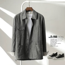 Spring and Autumn New Linen Jacket Mens Short Jacket Korean Loose Lapel Pure Color Top Trend Handsome Joker