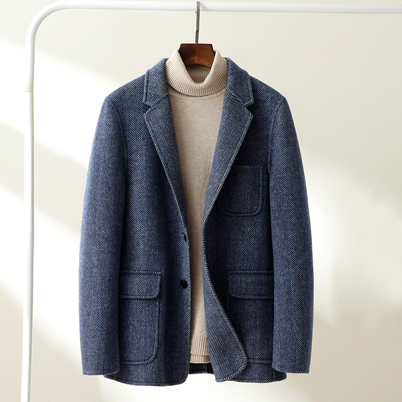 2021 autumn and winter herringbone tattoo bifacial wool, great coat men's suit Korean version no cashmere suits jacket loose trend