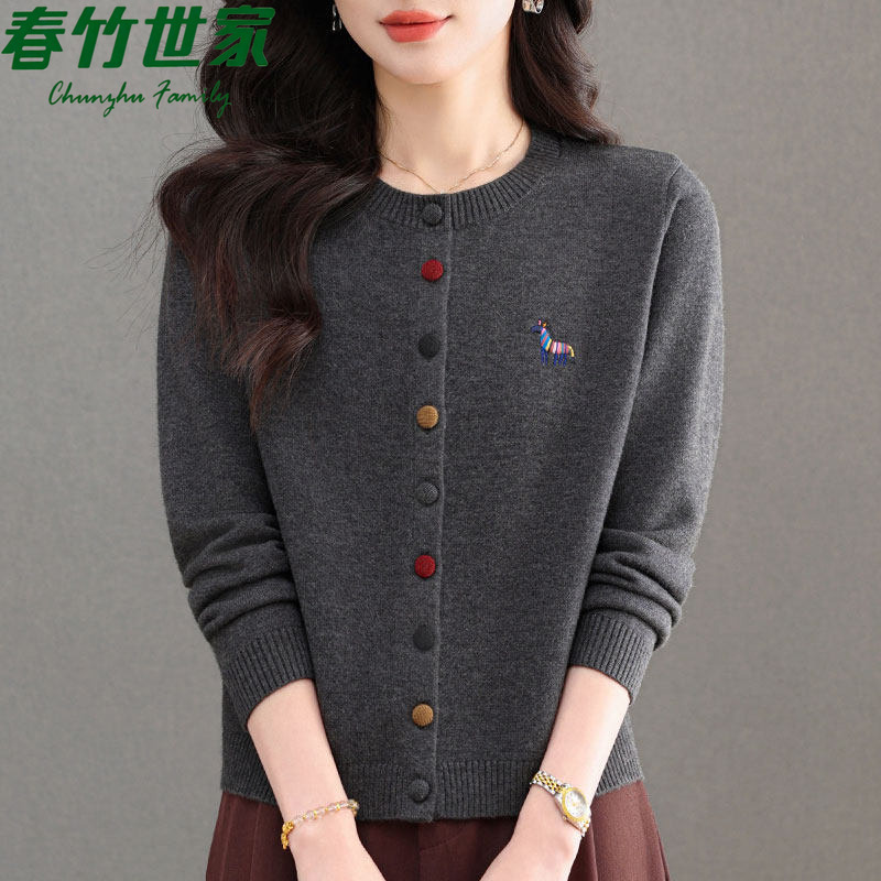 Chunzhu Shijia 2026 Spring and Autumn New Women's Round Neck Colorful Button Wool Cardigan Knitted Jacket for Mothers