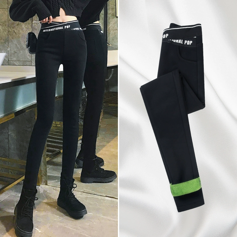 Quần legging bơ mặc ngoài của phụ nữ cộng với nhung là mỏng và linh hoạt mùa xuân và mùa đông và quần dài màu đen nhỏ chân quần bút chì ma thuật - Quần tây thường