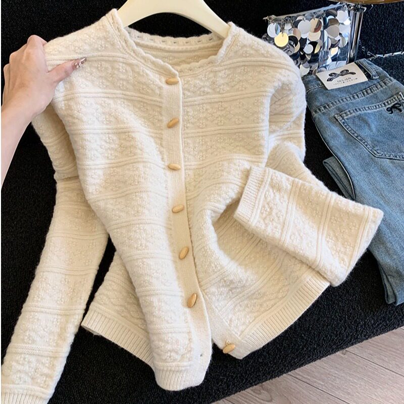 Korean-Style Hollow-Out Lace Collar Knit Sweater for Women, Autumn Style, Soft Mohair Long-Sleeve Cardigan, Lazy Style Jacquard Top Korean-Style Hollow-Out Lace Collar Knit Sweater for Women, Autumn Style, Soft Mohair Long-Sleeve Cardigan, Lazy Style Jacquard Top
