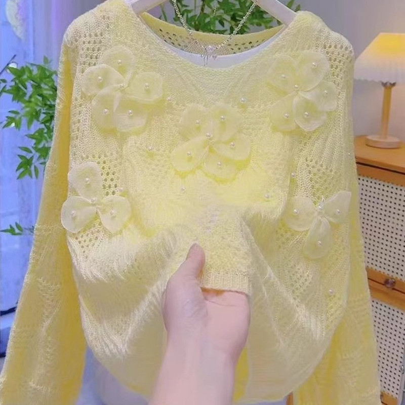 Atmospheric Yellow Floral Beaded Hollow-Out Semi-Sheer Knit Sweater, Spring and Autumn Fashion, Versatile, Soft and Lazy Style Sweater for Women