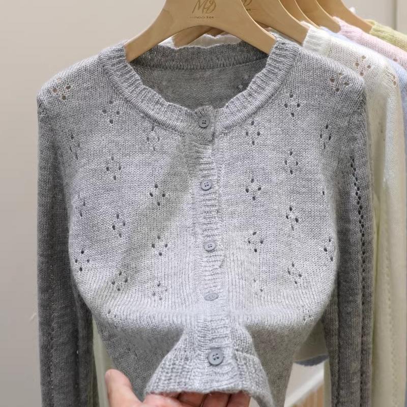 Designed with Hollow Lace Knit Cardigan for Women, Korean Style, Versatile, Soft and Cozy, Niche Retro Spring and Autumn Short Top