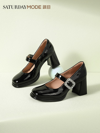 星期六玛丽珍鞋女粗高跟方扣春秋季新款小皮鞋复古方头浅口单鞋