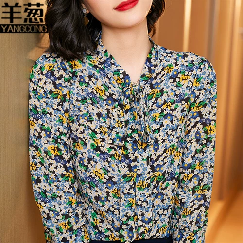 羊葱 Шелковая базовая весенняя рубашка с бантиком, цветочный принт, коллекция 2021