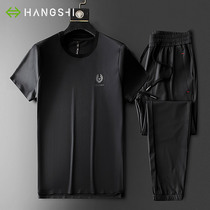 Light luxury mens ice silk sports leisure suit mens summer ultra-thin stretch breathable Mens Fitness two sets