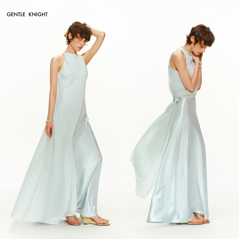 Gentle Knight Clear Water Blue Sleeveless Double Layer Long Dress Women's Mesh Satin Diagonal Silk Dress