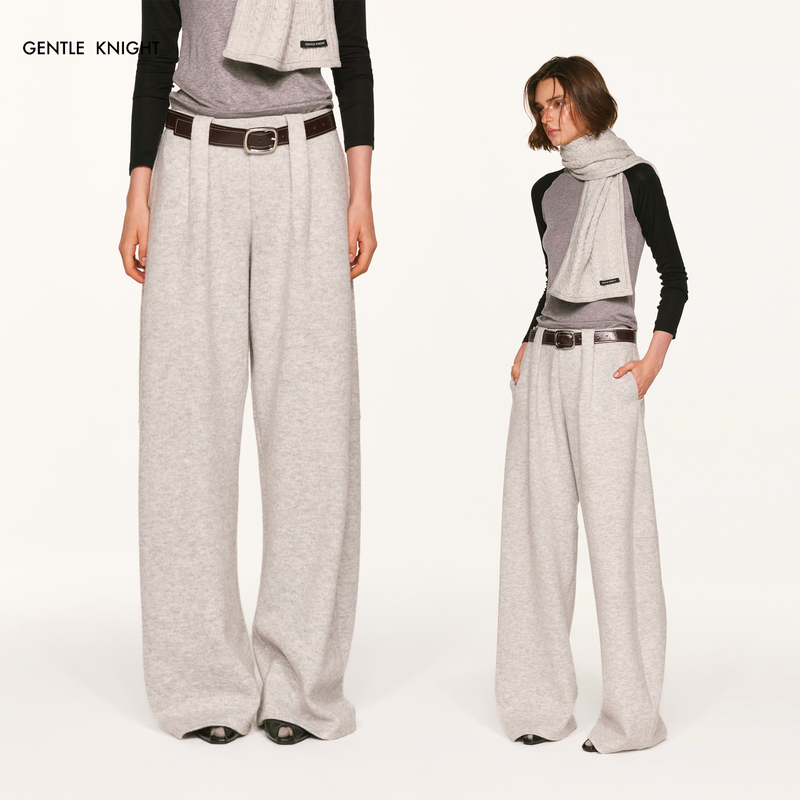 Gentle Knight Light Gray Fuzzy Knit Structured Sweatpants Loose Straight Wide-Leg Casual Trousers