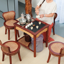 Balcony tea table and chair combination Tea set One-piece household tea table Solid wood small induction cooker inlaid rattan tea table