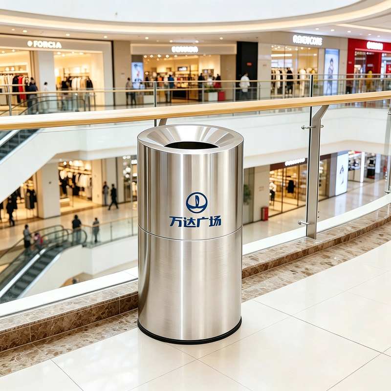 Shopping Mall Stainless Steel Trash Can, Public Place, Supermarket, Theater, Sanitary Bin, Commercial Round Large Capacity 50 Liters
