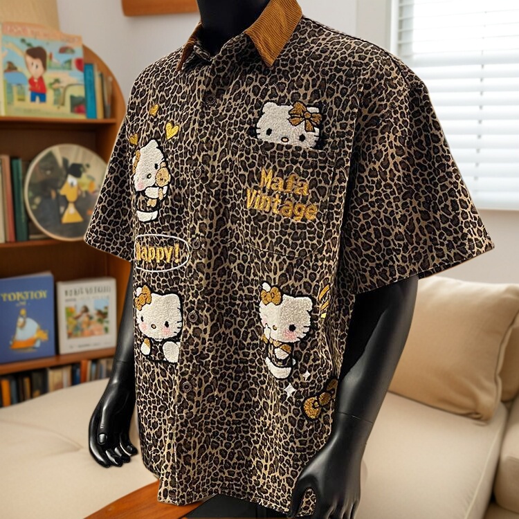 Extra Large Size Men's Retro Flocked Cute Cat Embroidered Leopard Print Short-Sleeved Shirt Men's Loose Sweet Cool Couple Shirt