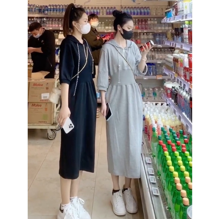 European Style Spring and Autumn New Solid Color Waist-Cinching Slimming Petite Casual Dress Women's Half-Sleeve Hooded Sweatshirt Dress European Style Spring and Autumn New Solid Color Waist-Cinching Slimming Petite Casual Dress Women's Half-Sleeve Hooded Sweatshirt Dress