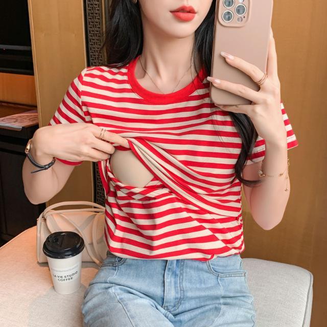 Nursing Tops for Summer Outings, Fashionable Stripesd Nursing T-Shirts, Postpartum Hot Mom Versatile Skin-Friendly Confinement Clothes, Nursing Clothes