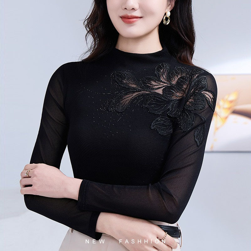 Black Half-High Collar Embroidered Mesh Base Shirt for Women, Long-Sleeved T-Shirt, Thin Style That Can Be Worn Outside, High-End Top