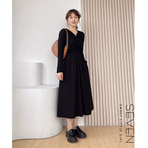 Черный осенний лонгслив, трикотажная длинная юбка, подходит для подростков, по фигуре, V-образный вырез