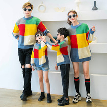 Large size spring and autumn parent-child clothing 2024 new trendy family of three or four mother-child clothing rainbow sweater Korean style childrens clothing