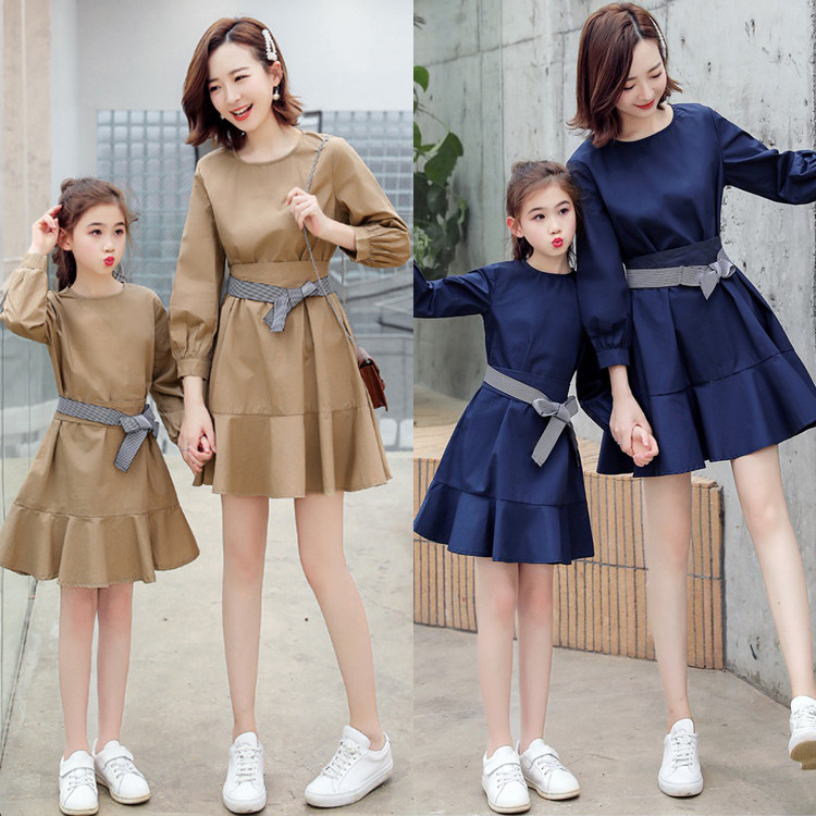 Parent-child decoration slimming ruffled skirt 2021 spring and autumn new mother-daughter dress Korean version belt foreign style dress