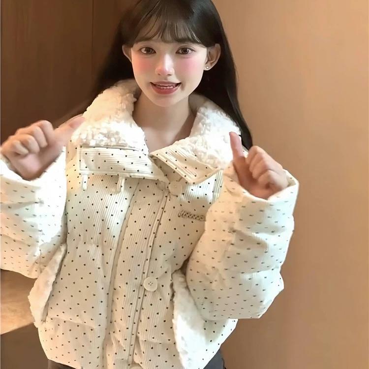 Milky Corduroy Polka Dot White Duck down Jacket for Women, Winter 2025 New Thickened Petite Coat Cotton-Padded Jacket Milky Corduroy Polka Dot White Duck down Jacket for Women, Winter 2025 New Thickened Petite Coat Cotton-Padded Jacket