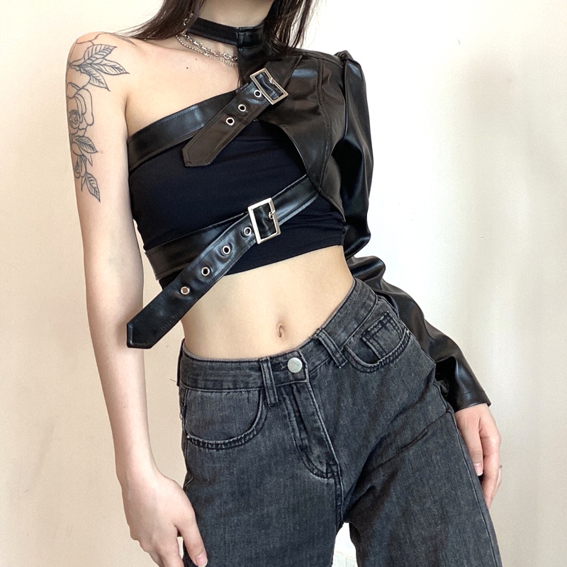 Early Spring Outfit, Two-Dimensional Cosplay Top, Gothic Subculture Punk Style One-Shoulder Leather Jacket, Girl Group Performance Costume, Trendy