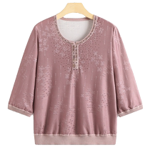 Temperament mom summer mulberry silk T-shirt round neck three-quarter sleeves mid-sleeve silk top for middle-aged and elderly women grandma wear