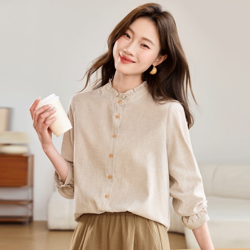 Pure Cotton Houndstooth Shirt for Women, Spring and Autumn 2026 New Style, Petite, Fashionable, Age-Reducing, Lace Collar, Long-Sleeved Top