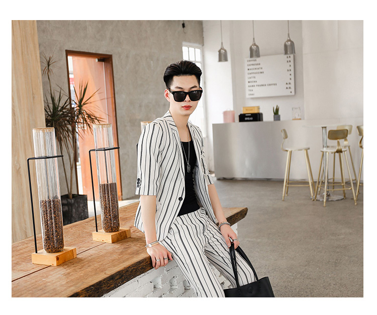Mùa hè mỏng sọc bảy điểm phù hợp với tay áo phù hợp với nam xu hướng đẹp trai giản dị thợ làm tóc ngắn tay phù hợp với mỏng - Suit phù hợp đồ nam đẹp 2021
