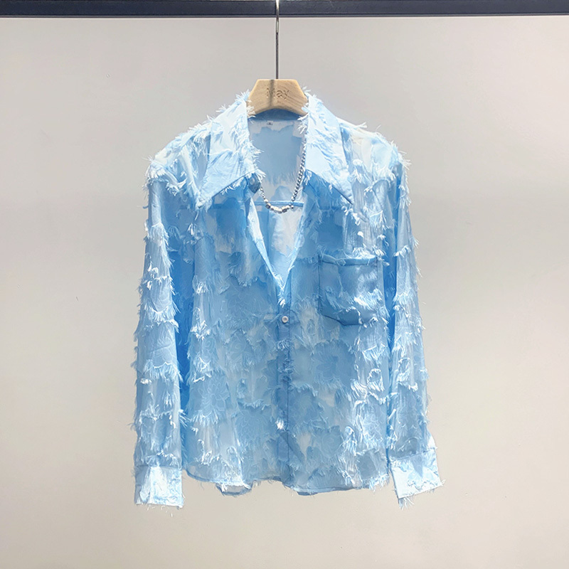 New Men's Clothing with Tassel Hollow-Out Design, Mesh Jacquard Thin Shirt, Summer See-Through Loose Shoulder-Padded Floral Top