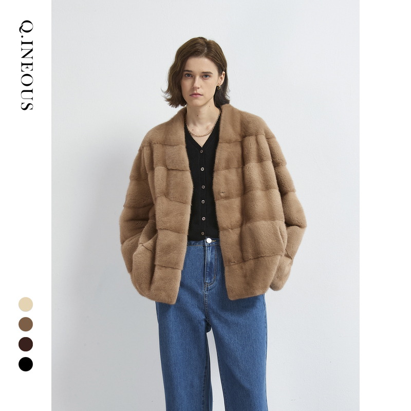 Qingou Misty Island Women's Full Mink Fur Coat with Horizontal V-Neck, Mink Fur Velvet Jacket Fully Lined