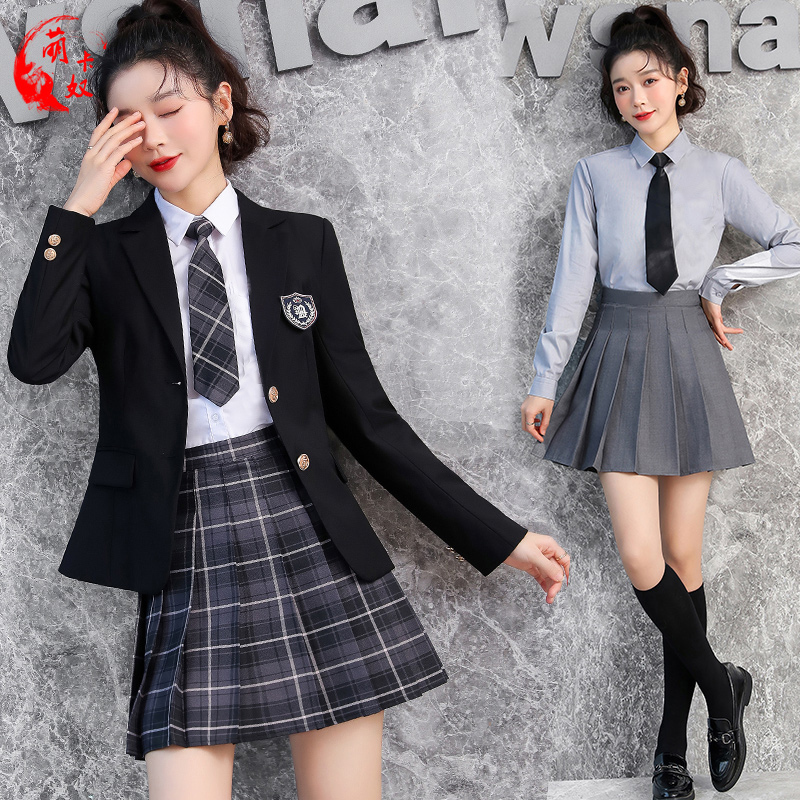 Black Preppy Style Suit Set with Pleated Skirt, Elegant Spring and Autumn Professional Jk Workwear Suit, Formal Student Uniform
