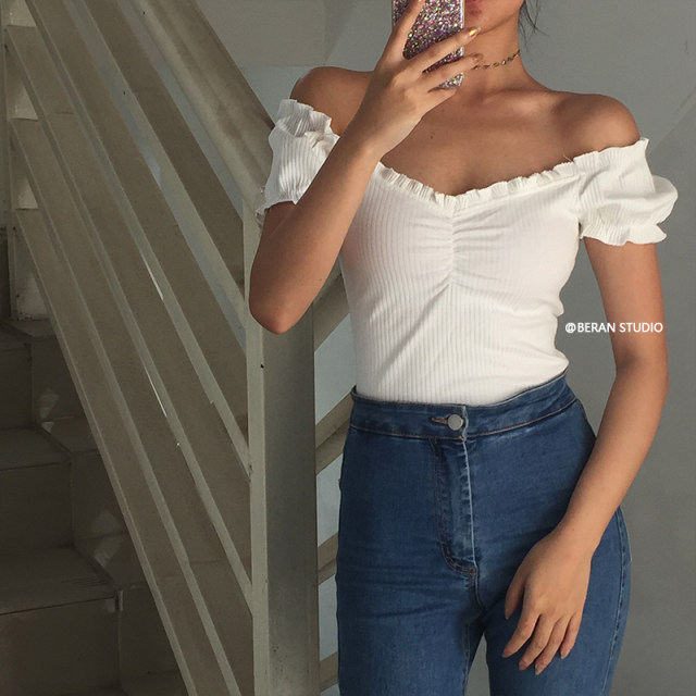 BERAN retro square collar, cute chest pleats, waist slimming, solid color fungus short-sleeved T-shirt top