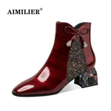 Martens, блестки для ногтей с бантиком, бордовые короткие сапоги, новая коллекция, большой размер