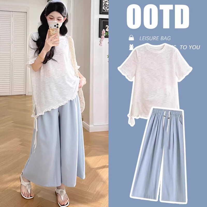 Pregnant Women's Blue Summer New Fashion Style Short-Sleeved Thin Lace Top and Wide-Leg Pants Two-Piece Set