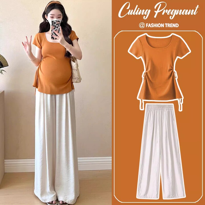Maternity Wear Top Short-Sleeved Ice Silk Knitted High-Elastic Drawstring Slim Fit T-Shirt Wide-Leg Pants Set Summer New Style