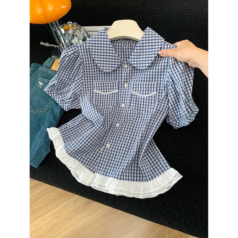 Guangzhou Thirteen Rows 2026 New Style ~ Lace Spliced Blue Plaid Shirt for Women, Summer Design, Slimming Top