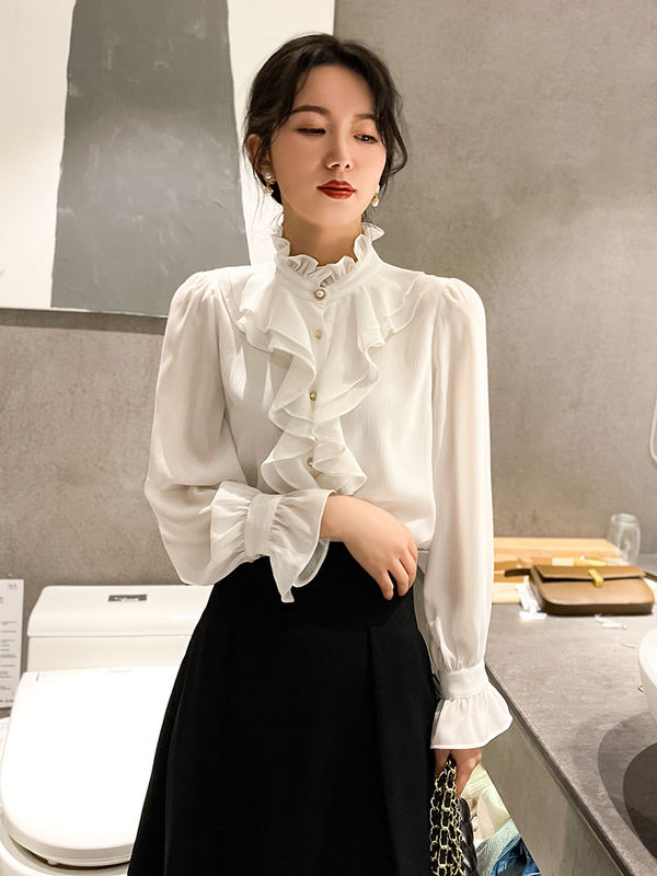 Ruffled Shirt for Women, French High-End Court Style Chiffon Stand-Up Collar with Lace Design, Long-Sleeved Ruffled Top