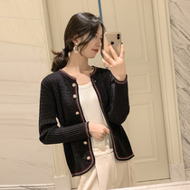 2021 new black knitted cardigan womens spring and autumn short Korean version wild thin jacket western style round neck outer tide