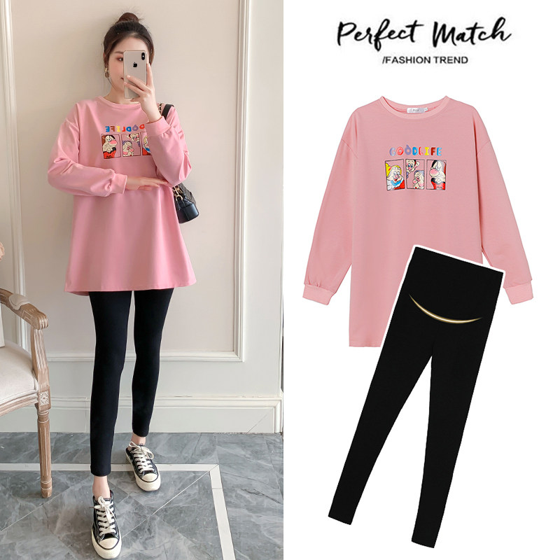 Pregnant women's spring clothing suit stylish cover tummy T-shirt with long version of spring and autumn 2021 new foreign pregnant women's blouses
